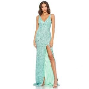 MAC DUGGAL MINT GREEN SEQUIN SLEEVELESS V-NECK SLIT DRESS 1068 RARE STYLE!
